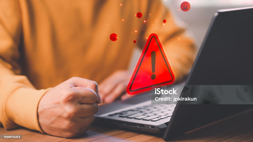 Using Computer Warning Sign Adult Man Using Computer Laptop With Triangle Caution Warning Sign For ...