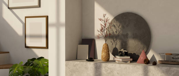 istock Modern and minimal home console with decor in living room interior design 1468081515