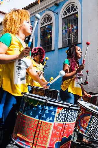 Salvador, Bahia, Brazil - June 22, 2018: Percussionists from the band Dida perform during a presentation in Pelourinho. Salvador, Bahia.