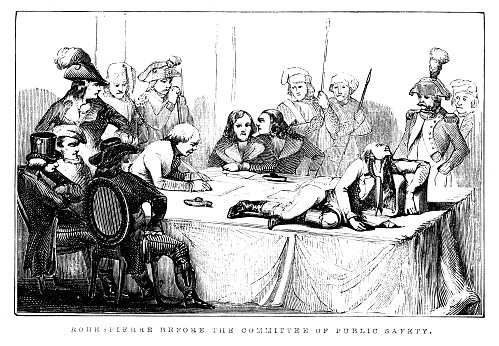 Dissension within the Committee of Public Safety contributed to the downfall of Maximilien  Robespierre in July 1794. French Revolution. Reign of Terror. Woodcut engraving published 1846. Original edition is from a history book my own archives. Copyright has expired and is in Public Domain.