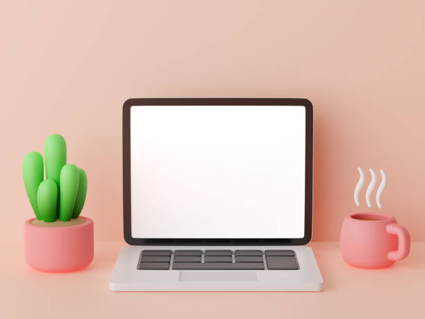 istock Minimal style cartoon laptop with blank white screen on pink table decorated with succulent plant in pot and cute coffee cup 3d rendering illustration 1468089251