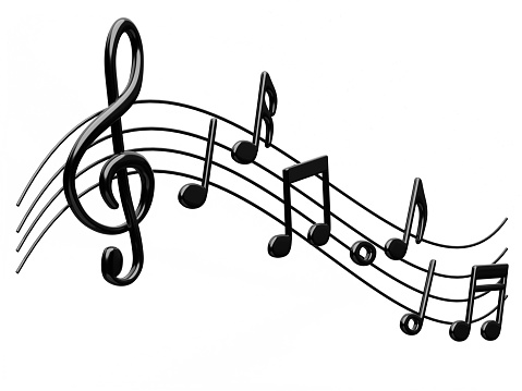 Glossy black music notes on white background 3D render illustration with clipping path.
