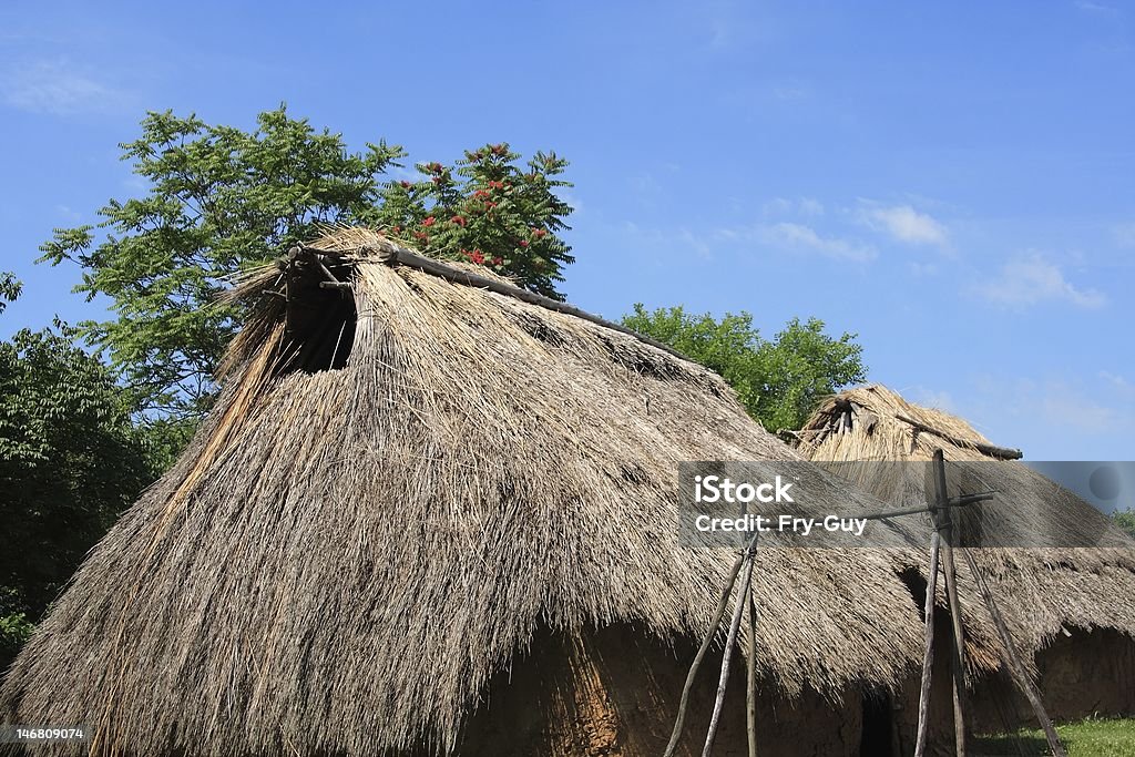 American Indian Village An American Indian Village reconstruction of daub structures with grass thatch roofs at the SunWatch Indian Village/Archaeological Park in Dayton, OH. Indigenous North American Culture Stock Photo
