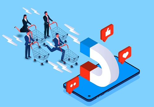 Service first, attract and retain customers, smartphone live with goods, isometric smartphone on the magnet to attract people pushing shopping carts