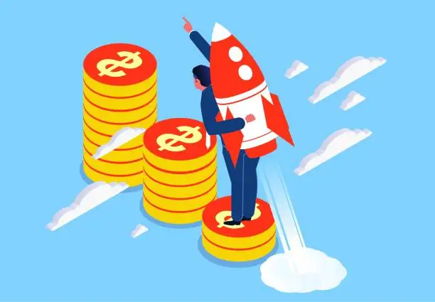 Vector illustration of Start-up, increased sales or business profits, money, return on investment, increased wealth, isometric start-up rockets lead businessmen standing on the gold pile to take off