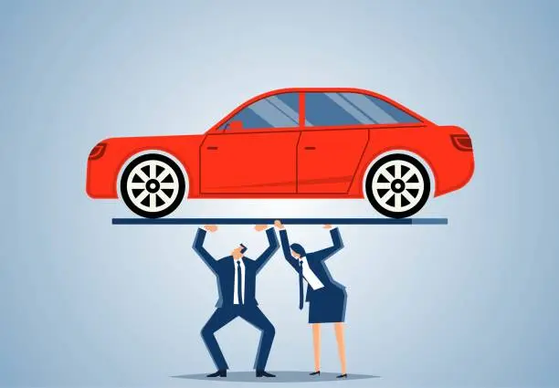 Vector illustration of Car loans, pressure to buy a car, mortgages to buy a car, the needs and pressure to buy a car for young couples in the modern lifestyle, young couples struggling to support the car on the balance bar.