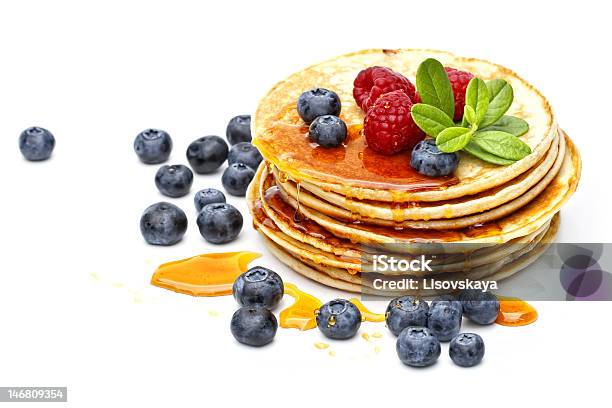 Pancakes With Honey Raspberries And Bilberries Stock Photo - Download Image Now - Berry Fruit, Bilberry - Fruit, Blueberry