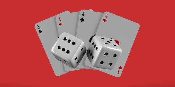 istock Four aces and six dices winning on red background 1468095508