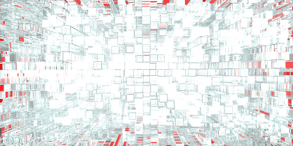 Abstract background concept: 3d rendered geometric cubes. Technology cloud data security. Many small cube shaped designs for architecture, AI, network come together to form the big cubic block. Computer pattern illustration poster with copy space