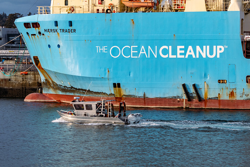 Victoria, British Columbia Canada - February 17, 2023: The Ocean Cleanup is a non profit organization that is known for cleaning up large amounts floating plastic garbage in the Pacific Ocean.