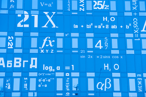 Mathematical formulas on the facade of the building. High quality photo