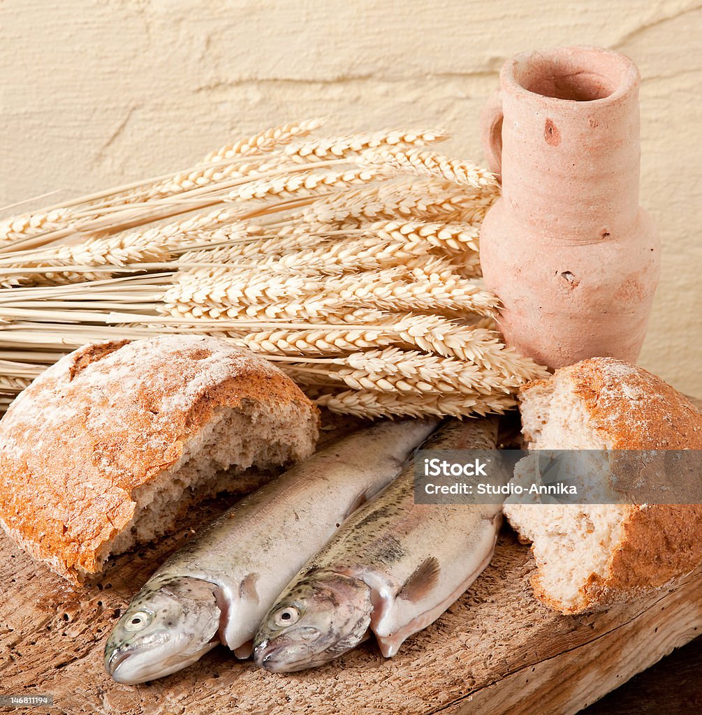 Symbols of christianity Wine, wheat, bread and fish as symbols of religion Fish Stock Photo