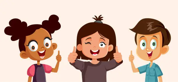 Vector illustration of Happy Kids Holding Thumbs up in Ok Sign Vector Cartoon Illustration