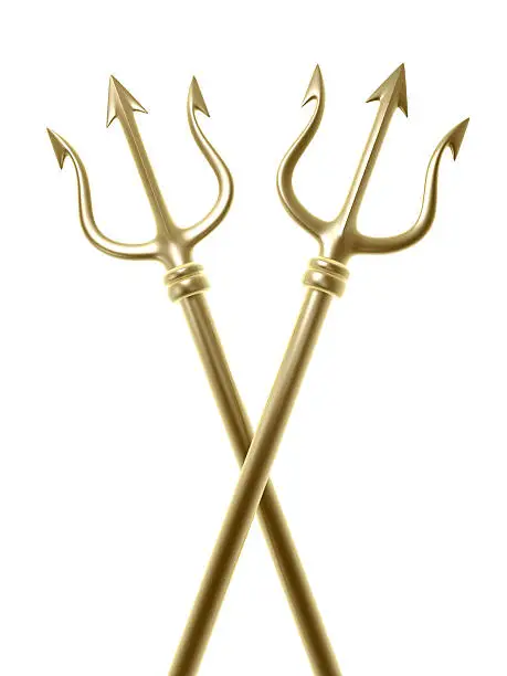 golden tridents of Poseidon crossing isolated on white background