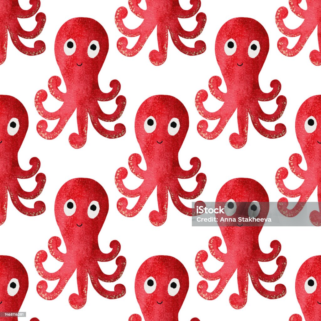 Red Cartoon Pattern Simooke Watercolor Seamless Pattern With Red Cute Cartoon Octopuses Stock ...