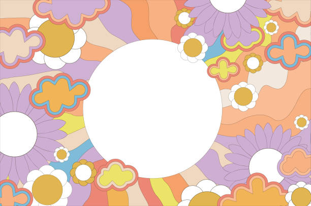Groovy retro swirl sunburst with rays or stripes and flowers and circle frame in the center retro 60s 70s. Clouds. Summer sunshine and carnival background. Pastel color. Groovy retro swirl sunburst with rays or stripes and flowers and circle frame in the center retro 60s 70s. Clouds. Summer sunshine and carnival background. Pastel color. Vector. carnival sunshine stock illustrations