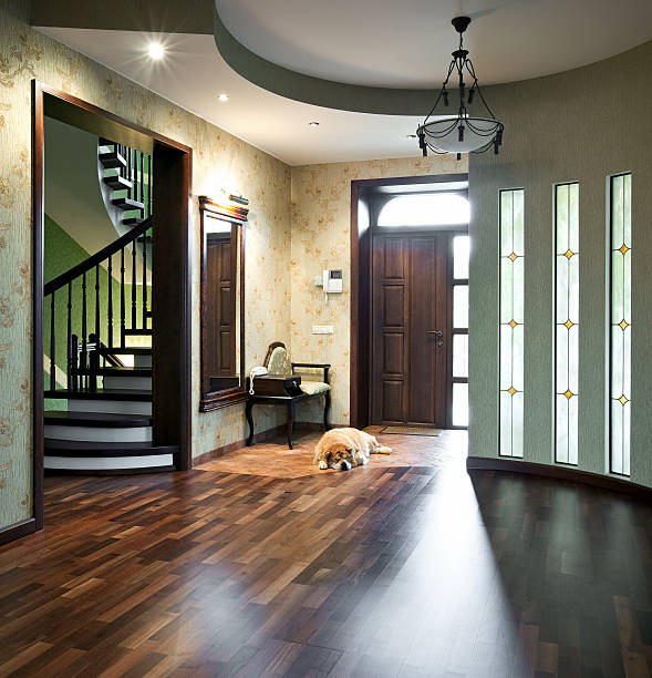 Interior of a beautiful home with a sleeping dog stock photo