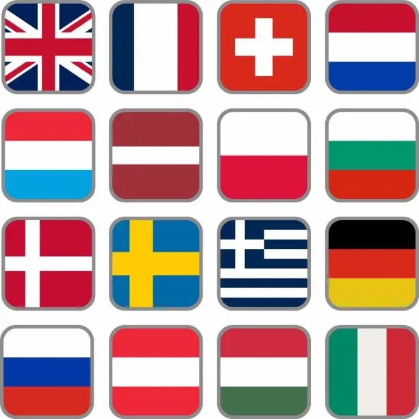 Vector illustration of European flag icon vector material set,England,France,Switzerland,Netherlands,Luxembourg,Latvia,Monaco,Bulgaria,Denmark,Sweden,Greece,Germany,Russia,Austria,Hungary,Italy