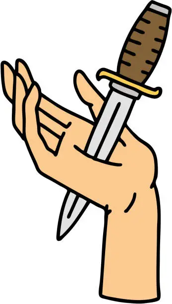 Vector illustration of tattoo in traditional style of a dagger in the hand