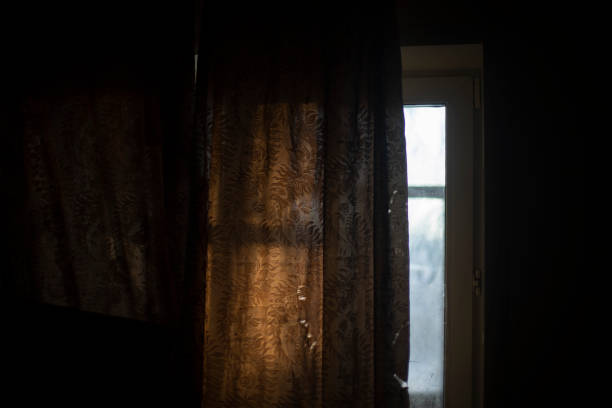 istock Curtain on window. Dawn outside window. 1468121893