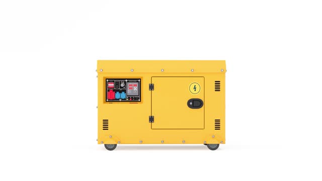 4k Resolution Video: Big Yellow Outside Auxiliary Electric Power Generator Diesel Unit Mockup for Emergency Use. Seamless Looped Rotating on a white background with Alpha Matte