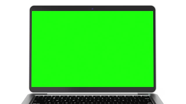 4k Resolution Video:  Modern Laptop Mockup with Blank Green Screen Rotating on a white background with Alpha Matte