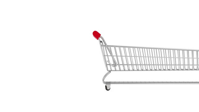 4k Resolution Video: Online shopping, e-commerce Concept. Extra Long and Large Shopping Cart Trolley Seamless Looped Arriving and Leaving on a white background with Alpha Matte