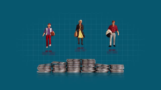 A business concept with miniature people and piles of coins and graphics.