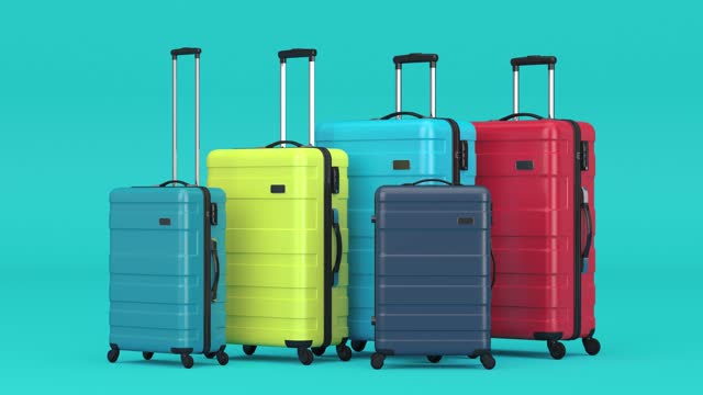 4k Resolution Video: Multicolored Сartoon Modern Suitcases. Seamless Jumping on a blue background with Alpha Matte