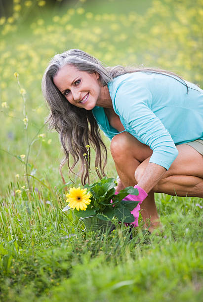 sênior mulher jardinagem - planting clothing gray hair human age - fotografias e filmes do acervo