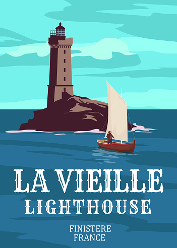Retro Travel poster La Vieille Lighthouse. Vintage vector illustration lighthouse card Brittany France landmark