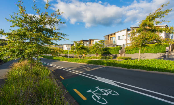 istock Bicycle road sign and row houses. 1468128514
