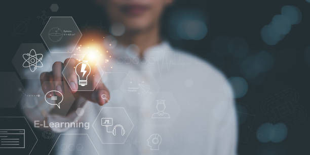 istock Male hand pointing at icon, lessons and Internet online education and learning concept, professional courses, learning new things, e-learning webinars, skill enhancement to develop a new career 1468130003