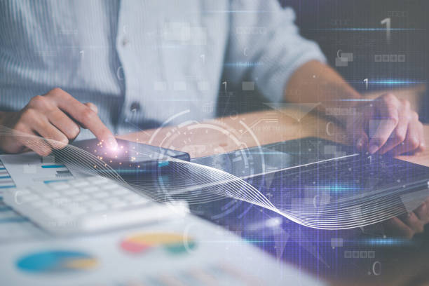 istock Businessman reading chart report Virtual Business Statistics ,analyze and improve corporate strategy, manage financial and marketing documents, annual budget accounts, futuristic technology solution 1468130926