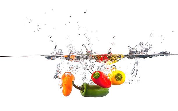 Four Peppers falling into water splashing white background stock photo