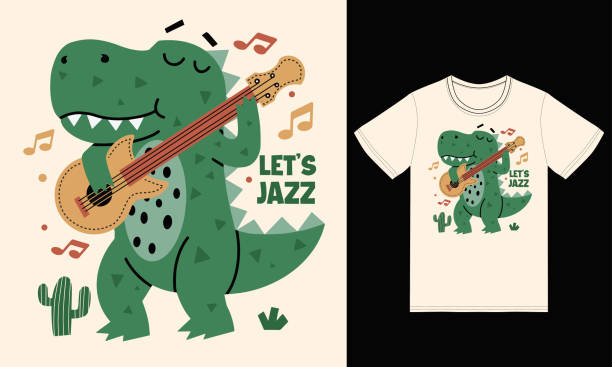 illustrations, cliparts, dessins animés et icônes de mignon dinosaure jouant de la guitare basse illustration avec tshirt design vecteur premium - alligator white background crocodile reptile