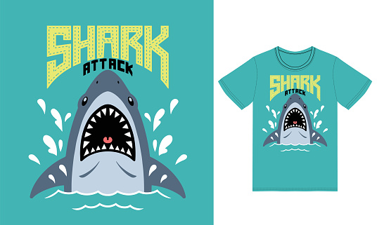 Cute shark attack illustration with tshirt design premium vector the Concept of Isolated Technology. Flat Cartoon Style Suitable for Landing Web Pages,T shirt, Flyers, Stickers