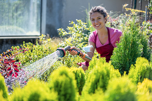 Young woman watering plants and looking at camera