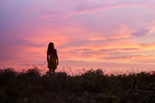 Rear view of carefree woman standing in a meadow at sunset and looking at view. Copy space.