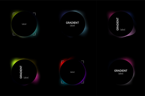 Vector set of circle label with fluid neon gradient on black background.futuristic and cyberpunk element