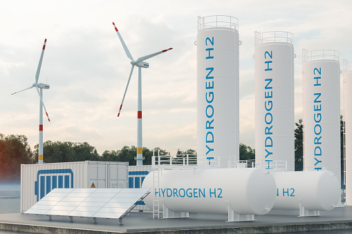 Energy Storage System With Hydrogen Storage Compartment, Wind Turbines, Solar Panels And Li-ion Battery Container