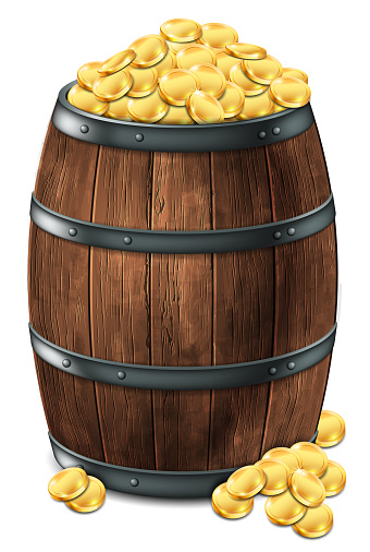 A wooden barrel full of shiny gold coins. 3d vector. Highly detailed realistic illustration