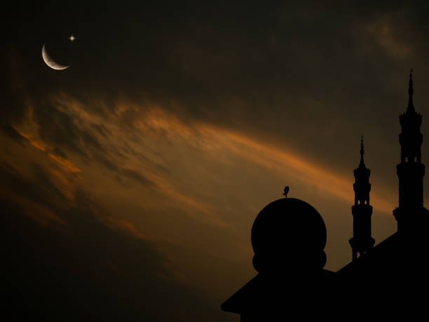 istock Islamic Architecture Celebration Background Concept,Design Landscape Ramadan Silhouette Building Mosques Dome,Crescent Moon Sky on Sunset,New Year Muharram Religion,Arabic,Eid Al-Adha 1468139089