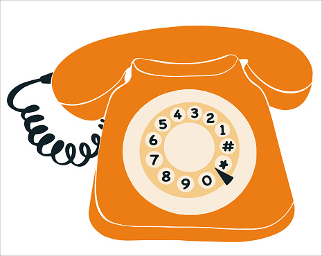 Vintage doodle illustration of phone with wire for decorative design. Network connection background. Vector drawing of an orange telephone with a drum.