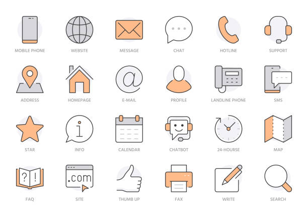 Contact us line icon set. Feedback, customer service, phone, email address, web site minimal vector illustration. Simple outline sign business card, landing page. Orange color. Editable Stroke Contact us line icon set. Feedback, customer service, phone, email address, web site minimal vector illustration. Simple outline sign business card, landing page. Orange color. Editable Stroke. business cards calendar stock illustrations