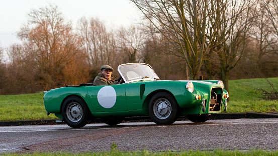 Stony Stratford, Bucks, UK, Jan 1st 2023. 1959 green Berkeley small, open top, British sports car traelling on an English country road