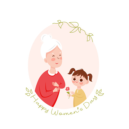 illustration for the day of March 8 granddaughter gives a flower to her grandmother