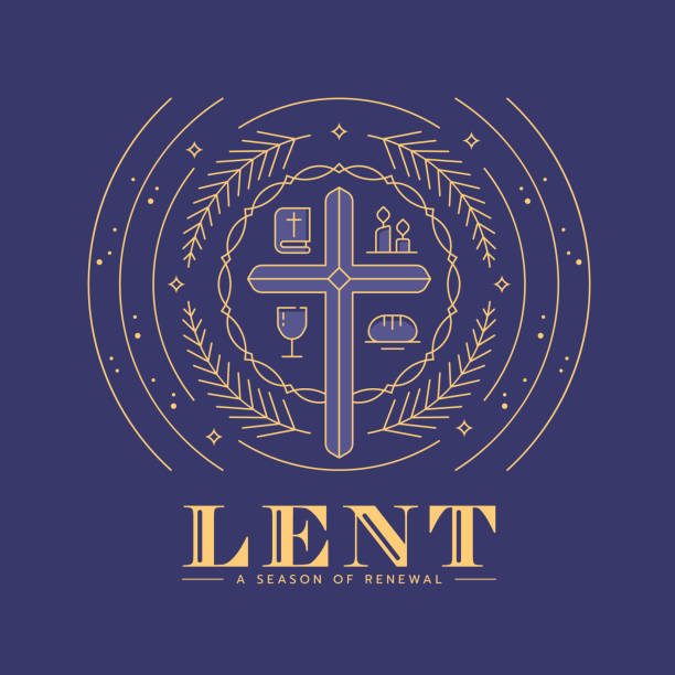 Lent - the season of renewal. Modern line gold cross crucifix in circle thorns with around scriptures, candles, goblet, bread and palm leaves on purple background flat style vector design Lent - the season of renewal. Modern line gold cross crucifix in circle thorns with around scriptures, candles, goblet, bread and palm leaves on purple background flat style vector design lent season stock illustrations