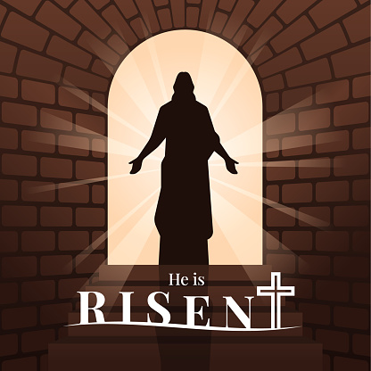 He is risen - Silhouette of Jesus Christ risen coming out from sepulchre or tomb walking into the light vector design