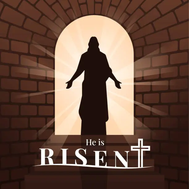 Vector illustration of He is risen - Silhouette of Jesus Christ risen coming out from sepulchre or tomb walking into the light vector design